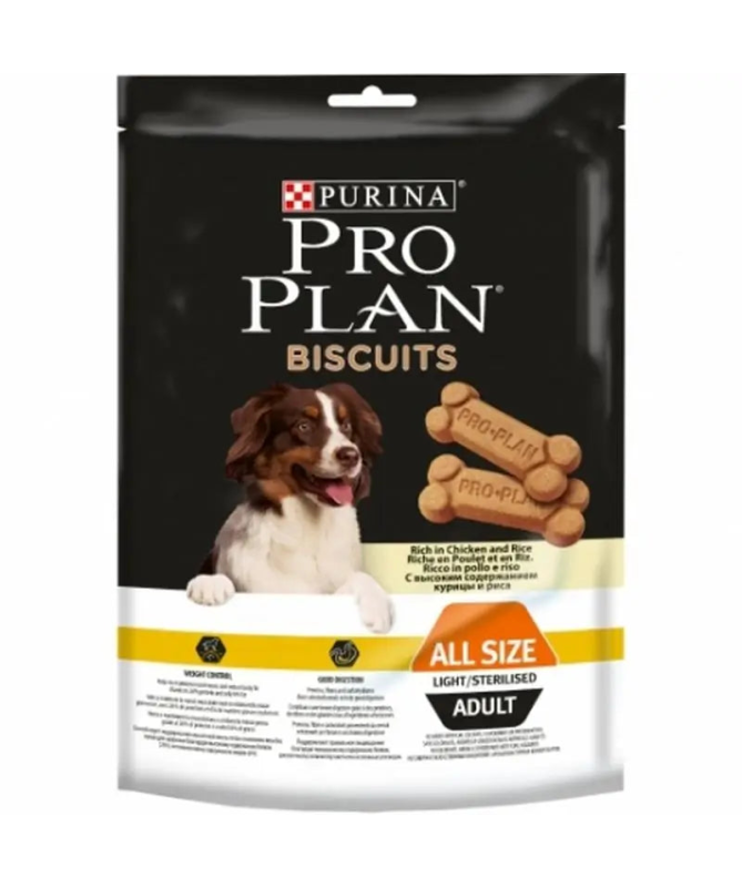 PRO PLAN CANINE ADULT BISCUITS LIGHT CAJA 4X400GR – foto del producto sulfato harina trigo