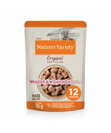 NATURES VARIETY FELINE ADULT PATE BUEY POLLO 12X70GR – foto del producto bruta buey pollo
