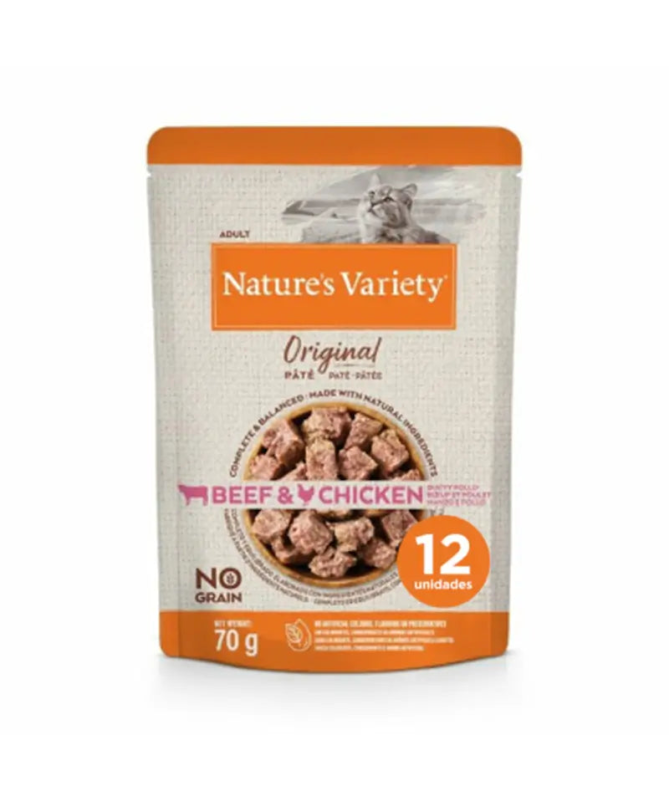 NATURES VARIETY FELINE ADULT PATE BUEY POLLO 12X70GR – foto del producto bruta buey pollo