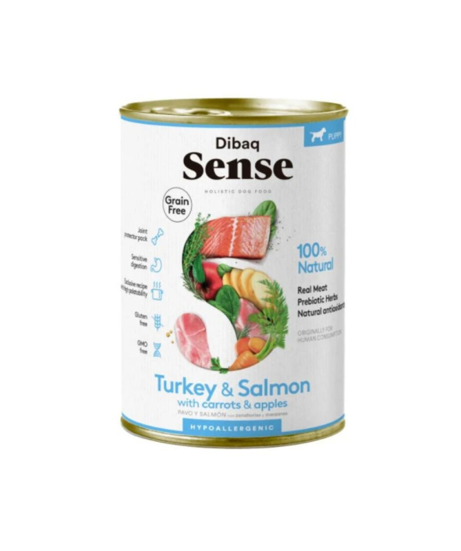 DIBAQ SENSE SALMON Y PAVO PERRO PUPPY LATA 380G SG – foto del producto pavo salmón sulfato